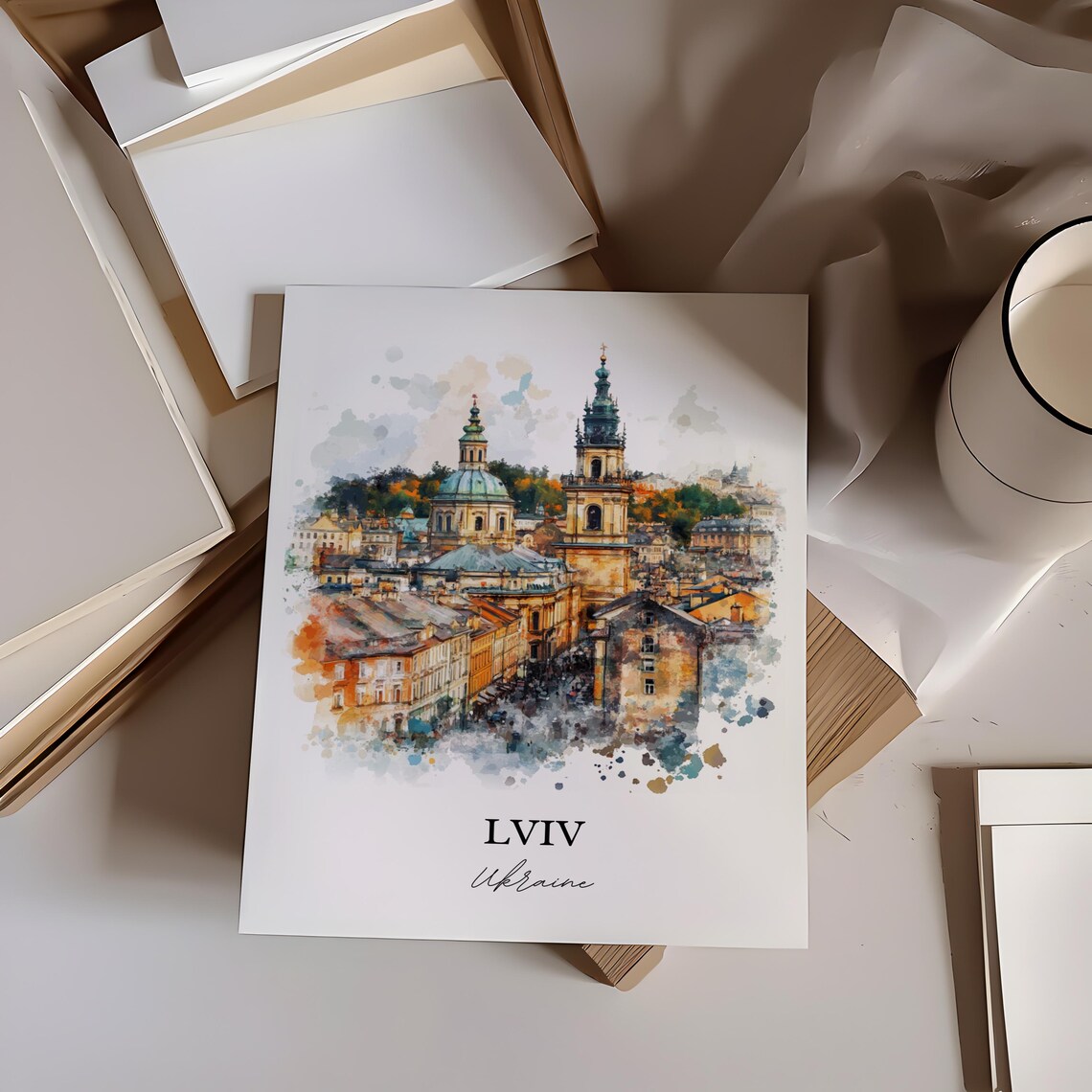 Lviv Ukraine Old Town Church Towers Watercolor Europe Travel Poster - Image 3