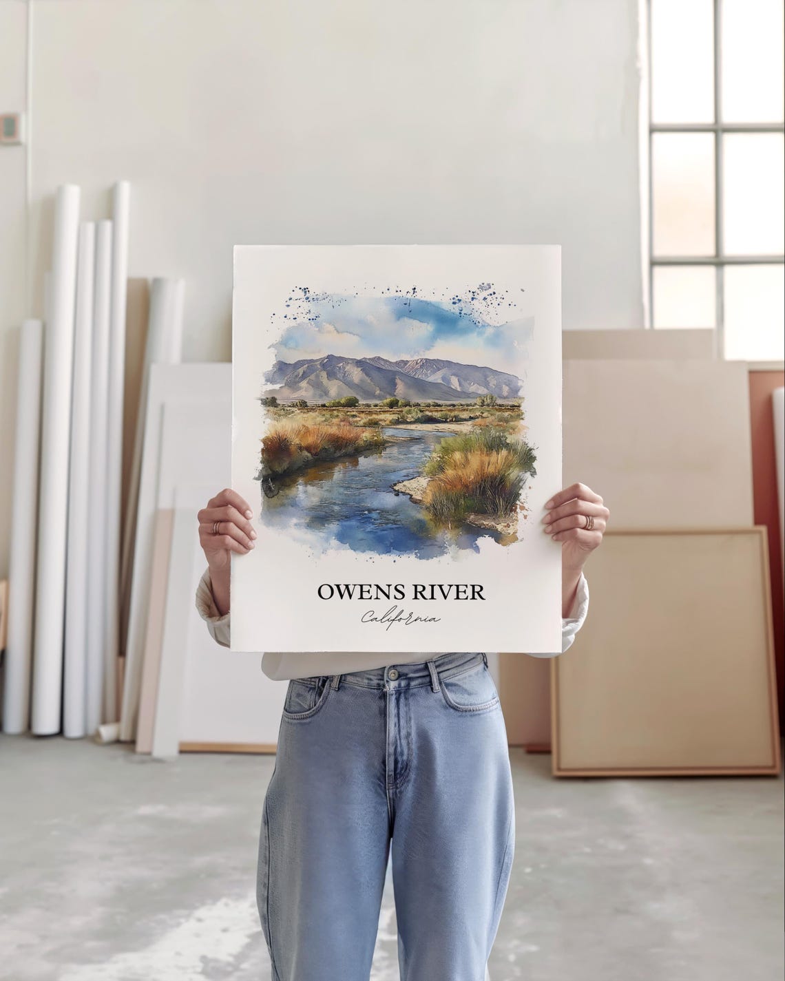 Owens River California Golden Meadow Mountain Watercolor Poster - Image 3