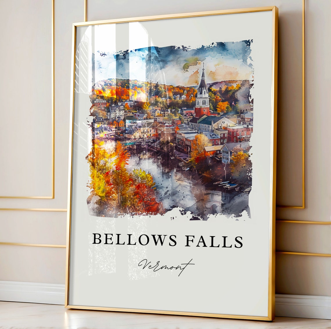 Bellows Falls Vermont River Town Fall Foliage Watercolor Art Poster - Image 4