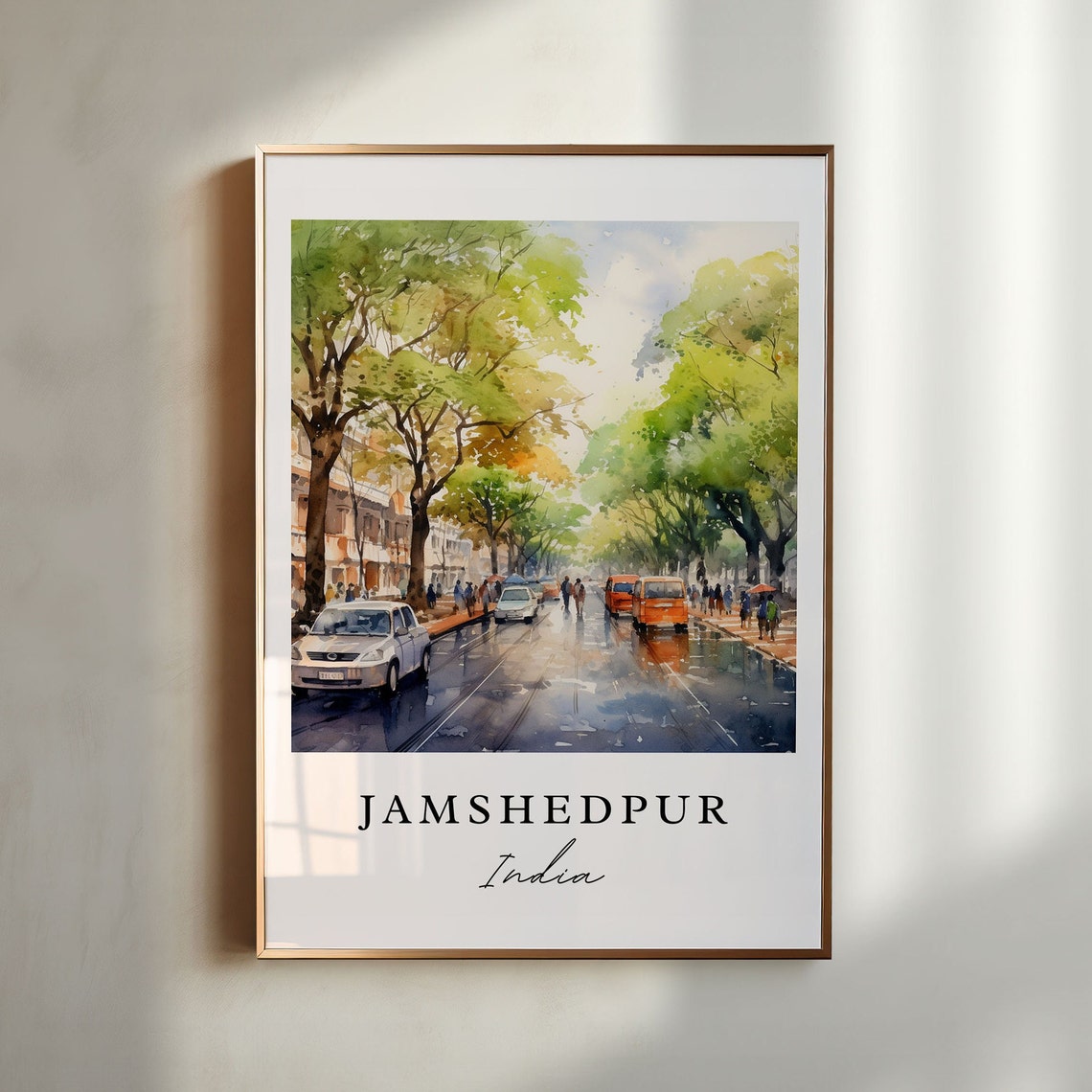 Jamshedpur India Watercolor Rainy Tree Lined Street Art Poster