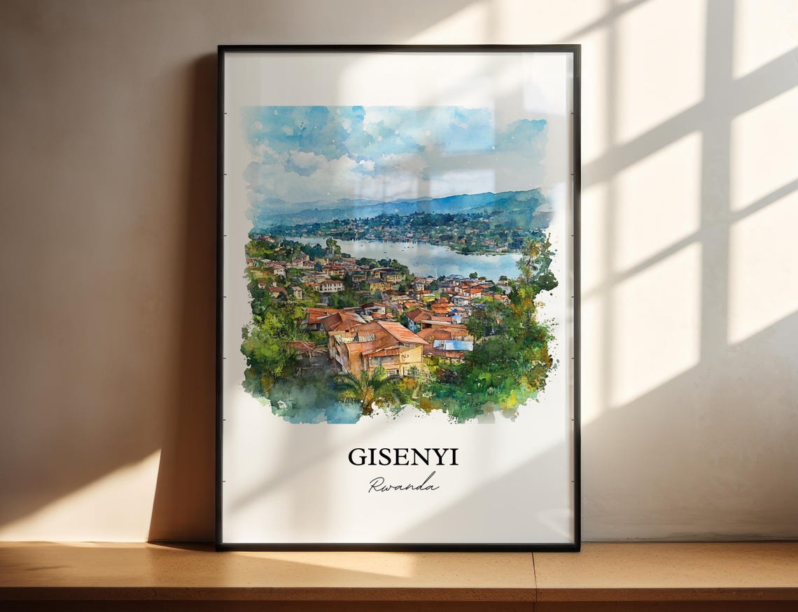 Gisenyi Rwanda African Watercolor Lakeside Hills Town Art Poster