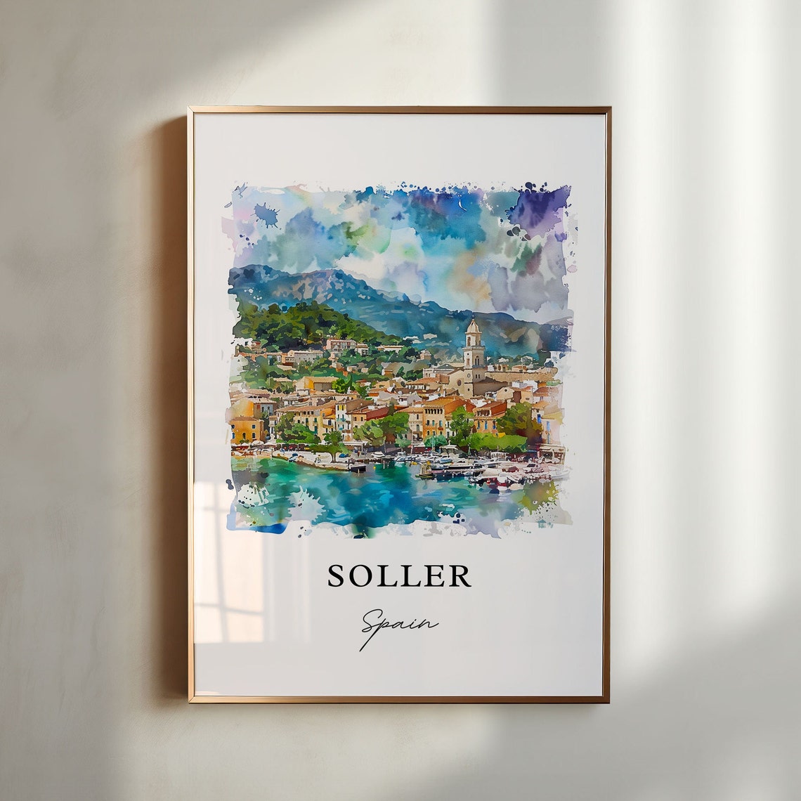Soller Spain Mallorca Harbor Church Watercolor Travel Poster