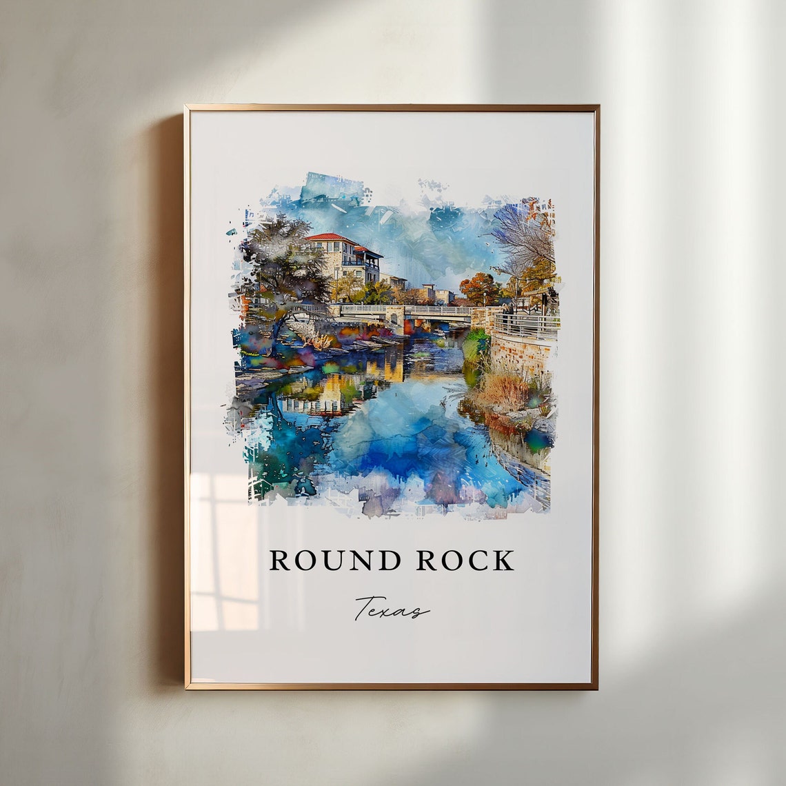 Round Rock Texas Watercolor Creek Bridge Reflection Scene Poster