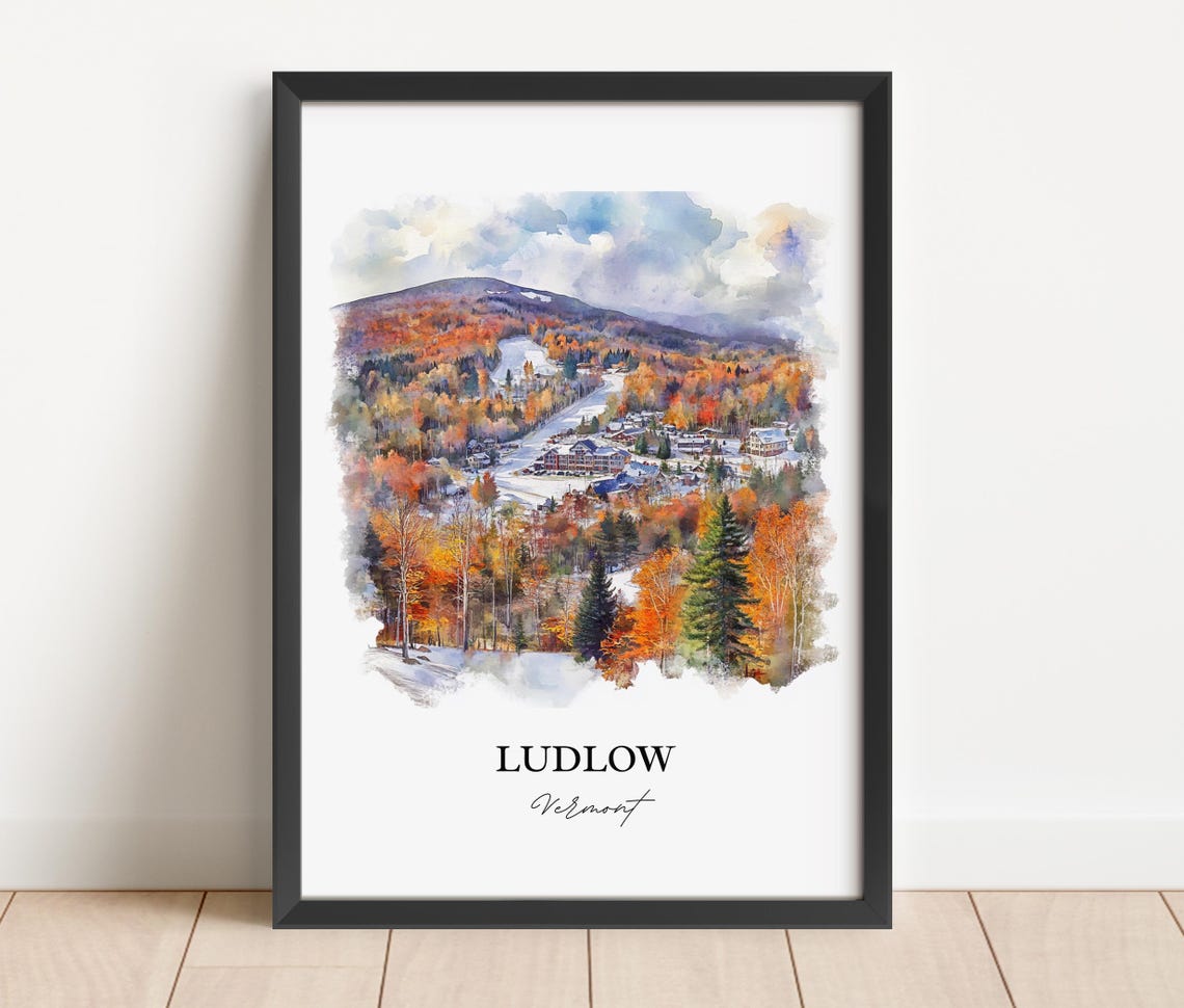Ludlow Vermont Okemo Mountain Fall Foliage Watercolor Ski Poster - Image 5
