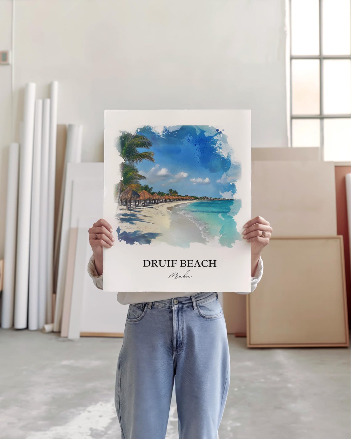 Druif Beach Aruba Watercolor White Sand Palapa Shore Art Poster - Image 2