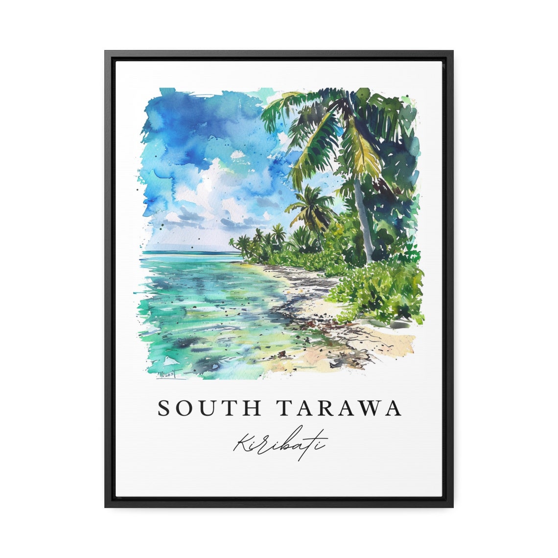 South Tarawa Kiribati Palm Beach Lagoon Watercolor Art Travel Poster - Image 3