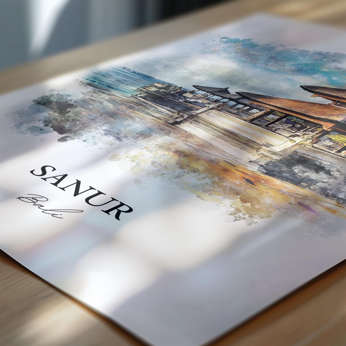 Sanur Bali Watercolor Seaside Temple Calm Ocean Waves Poster - Image 7