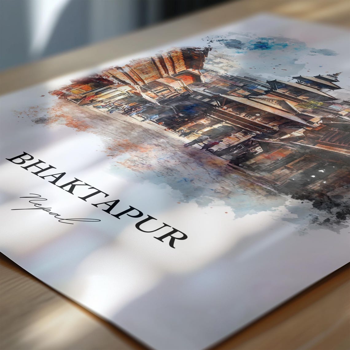 Bhaktapur Nepal Watercolor Pagoda Temple Square Travel Poster - Image 7