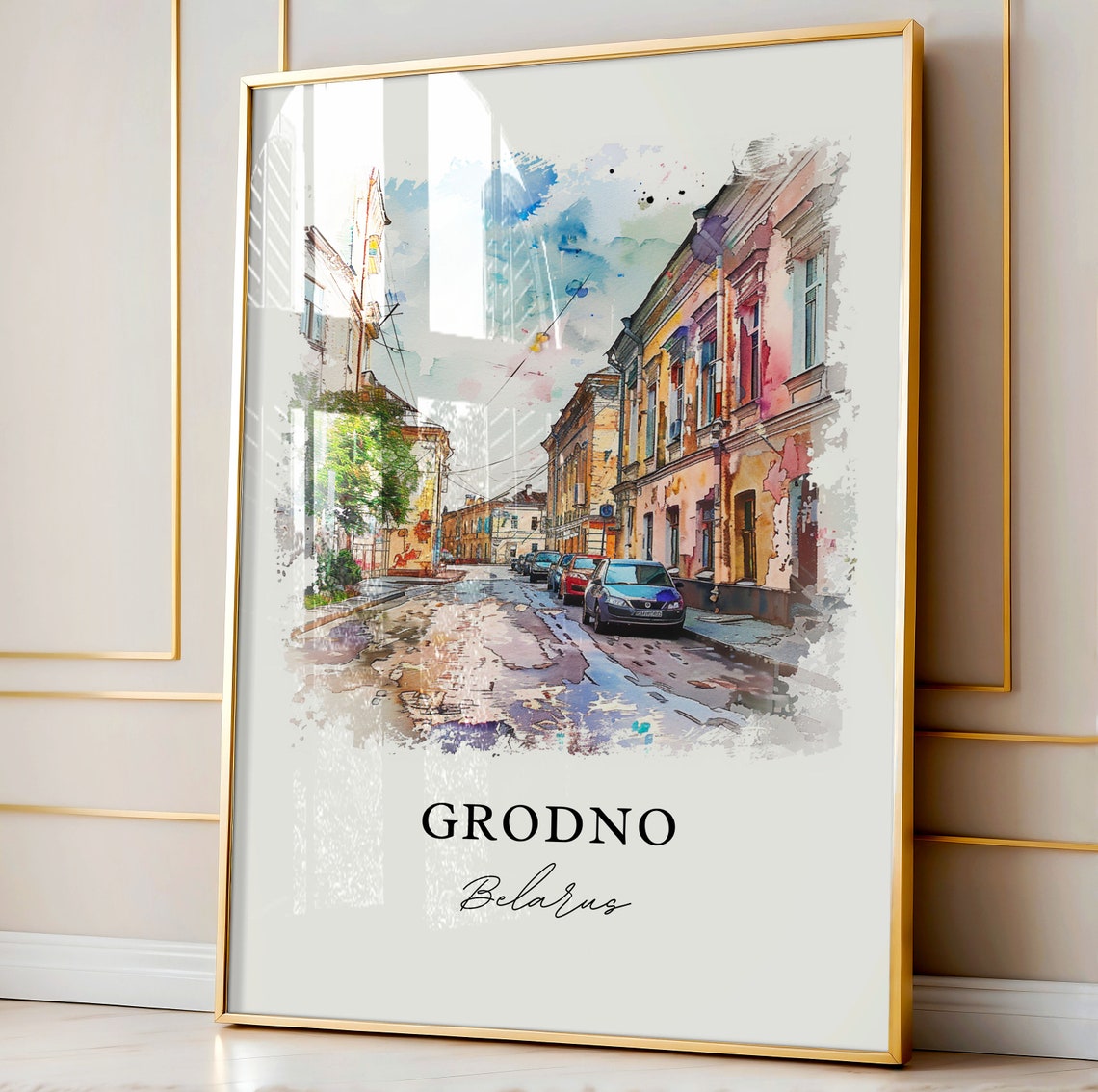 Grodno Belarus Pastel Old Street Watercolor City Travel Poster - Image 4