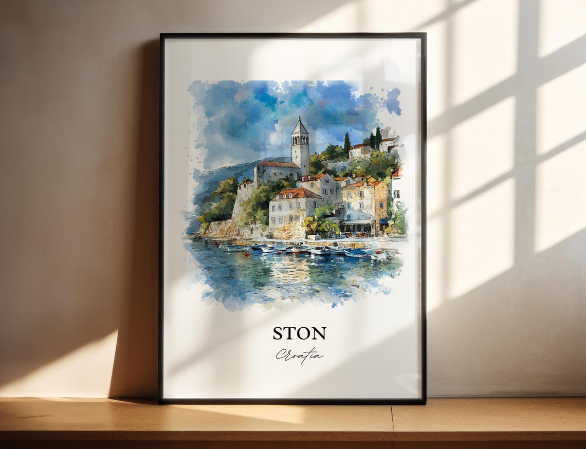 Ston Croatia Coastal Old Town Harbor Tower Watercolor Poster