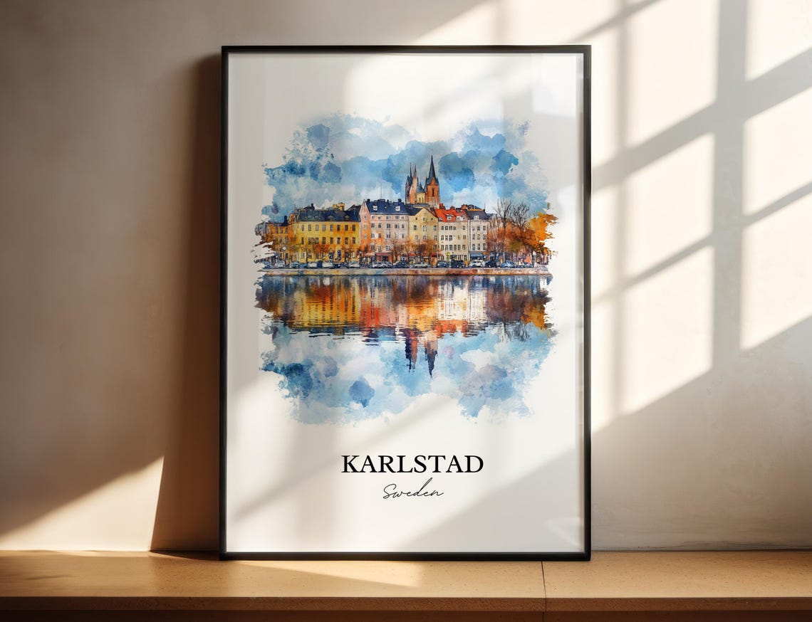 Karlstad Sweden Waterfront Reflection Watercolor Minimalist Poster