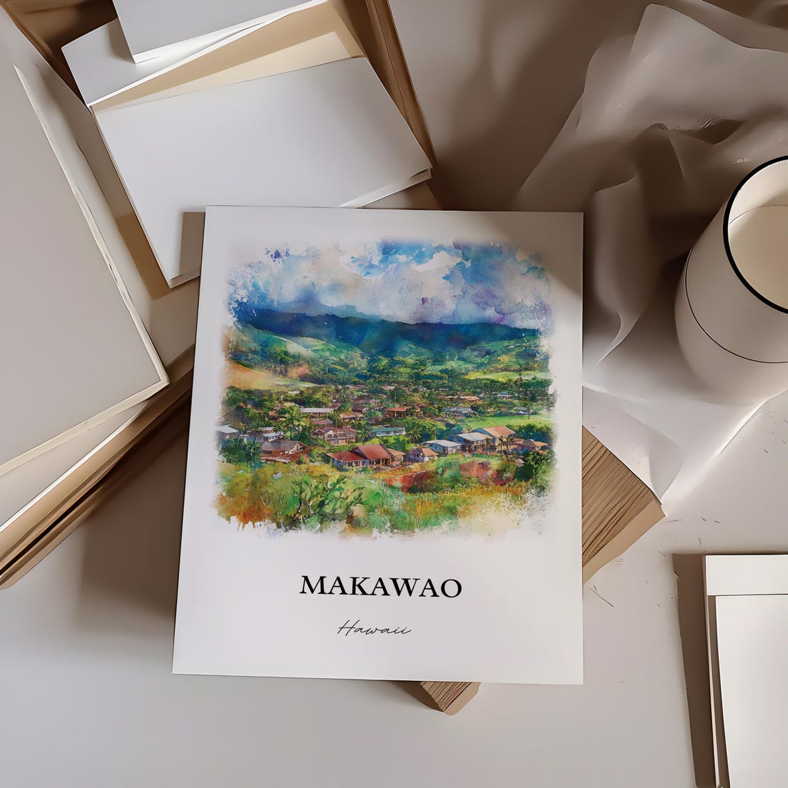 Makawao Hawaii Upcountry Maui Town Mountains Watercolor Poster - Image 5