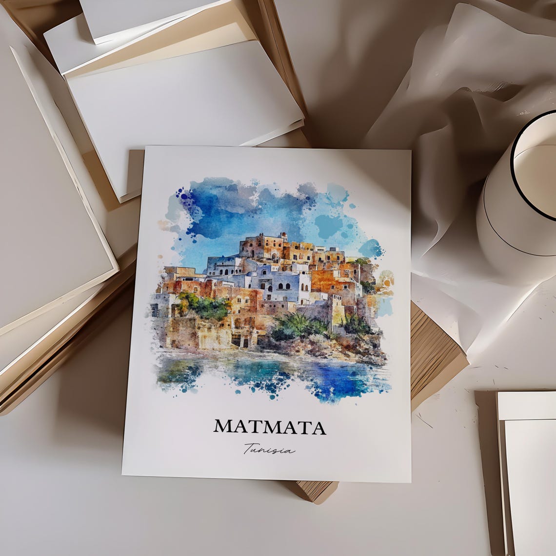 Matmata Tunisia Old Hilltop Village Watercolor Travel Poster - Image 5