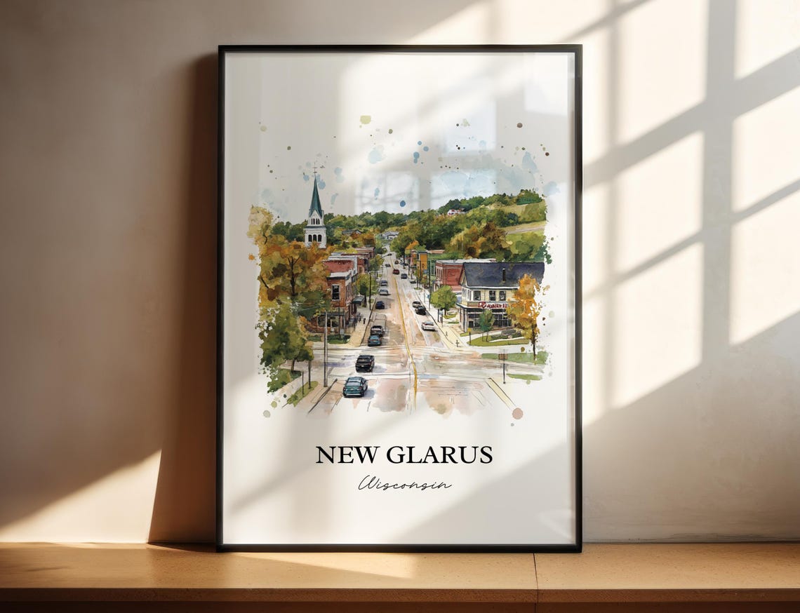 New Glarus Wisconsin Small Town Aerial Watercolor Travel Gift Poster
