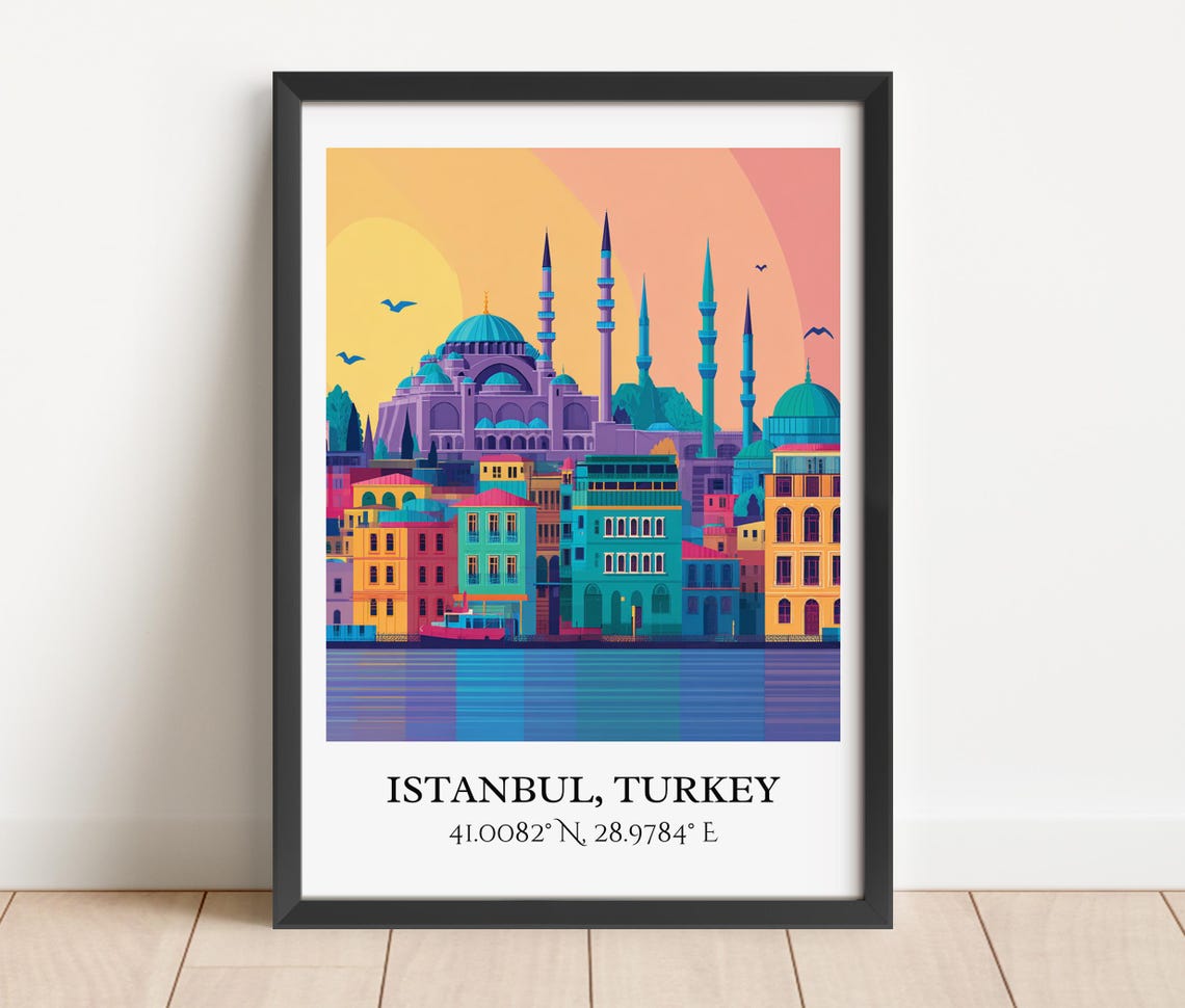 Istanbul Turkey Mosque Minarets Sunset Waterfront Retro Style Poster - Image 2