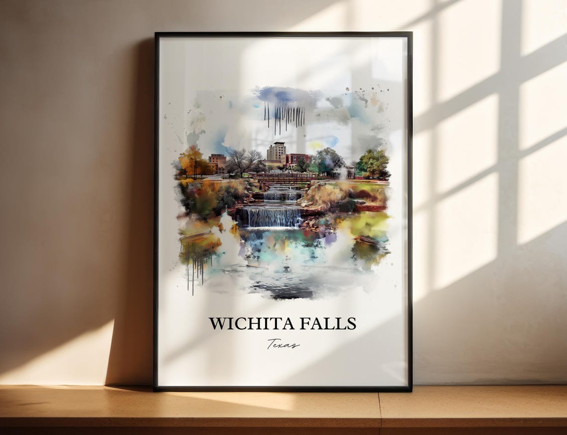 Wichita Falls Texas Downtown Waterfall Cityscape Watercolor Poster