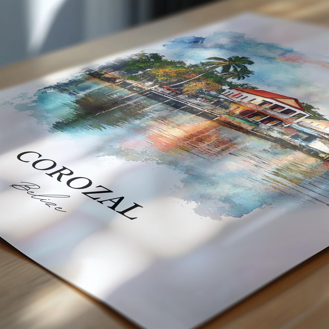 Corozal Belize Watercolor Waterfront Houses Lagoon Scene Poster - Image 7
