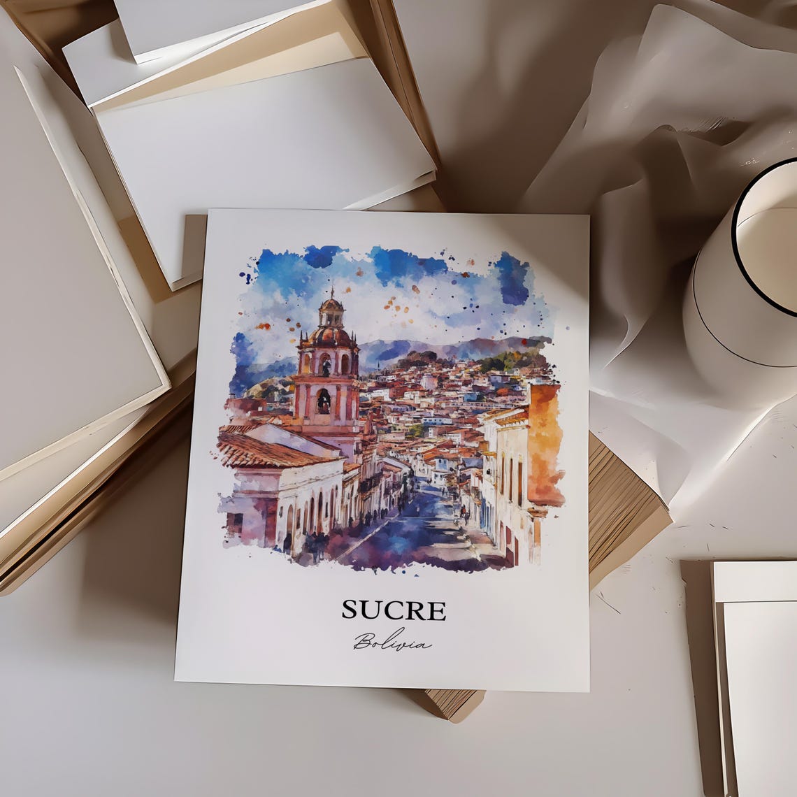 Sucre Bolivia Watercolor Colonial Street Church Tower Travel Poster - Image 2