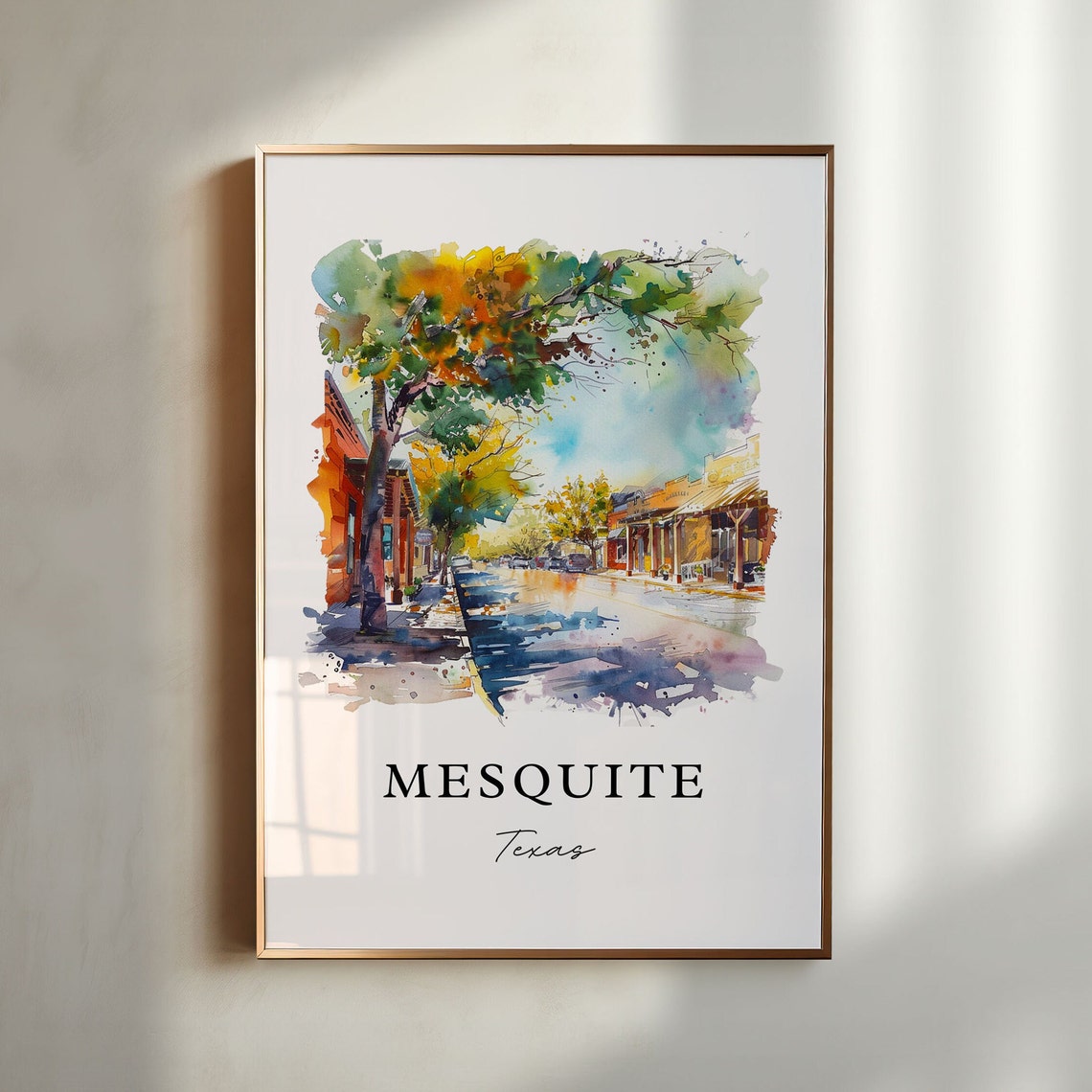 Mesquite Texas Sunny Main Street Watercolor Print Home Decor Art