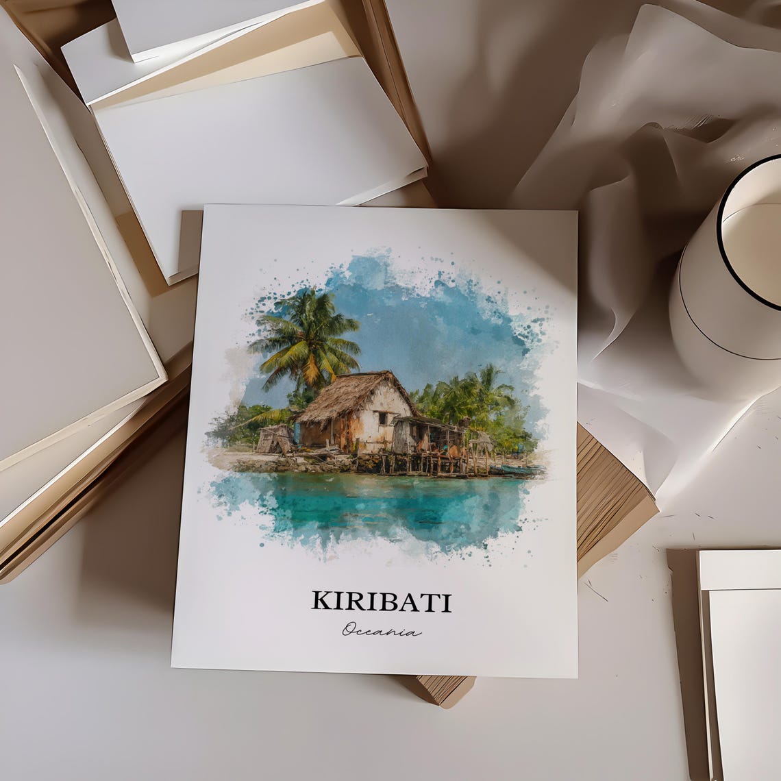 Kiribati Oceania Overwater Thatched Hut Turquoise Watercolor Poster - Image 2