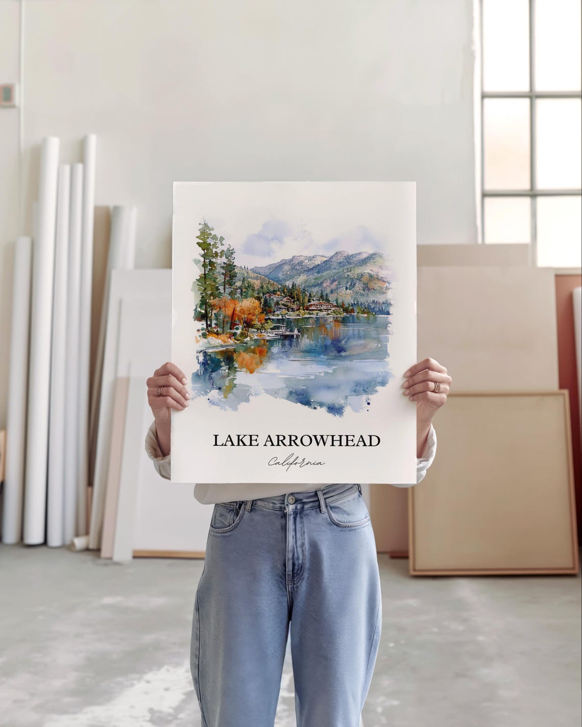 Lake Arrowhead California Watercolor Lake Pine Mountain Scene Poster - Image 4