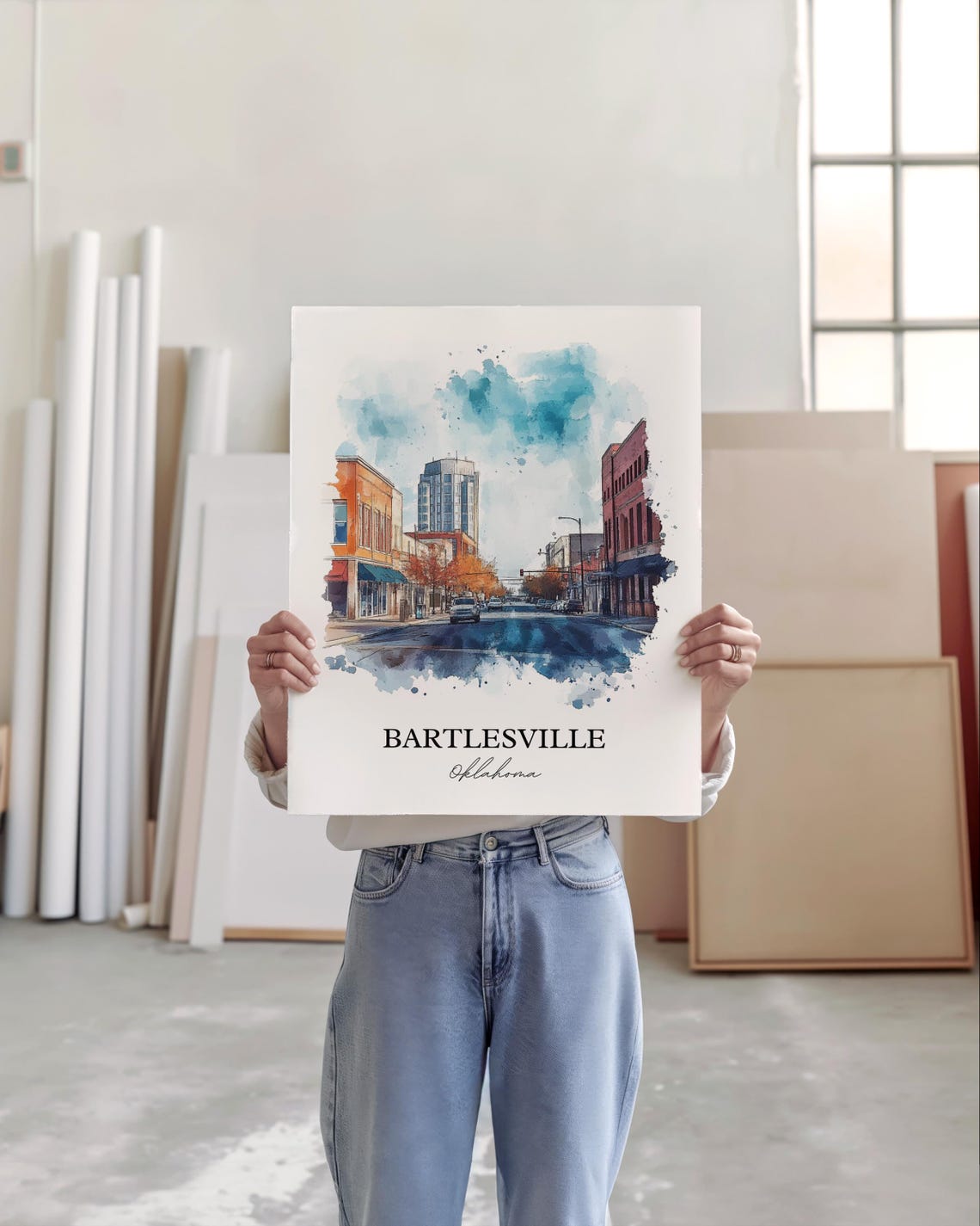 Bartlesville Oklahoma Watercolor Downtown Street Scene Poster - Image 5