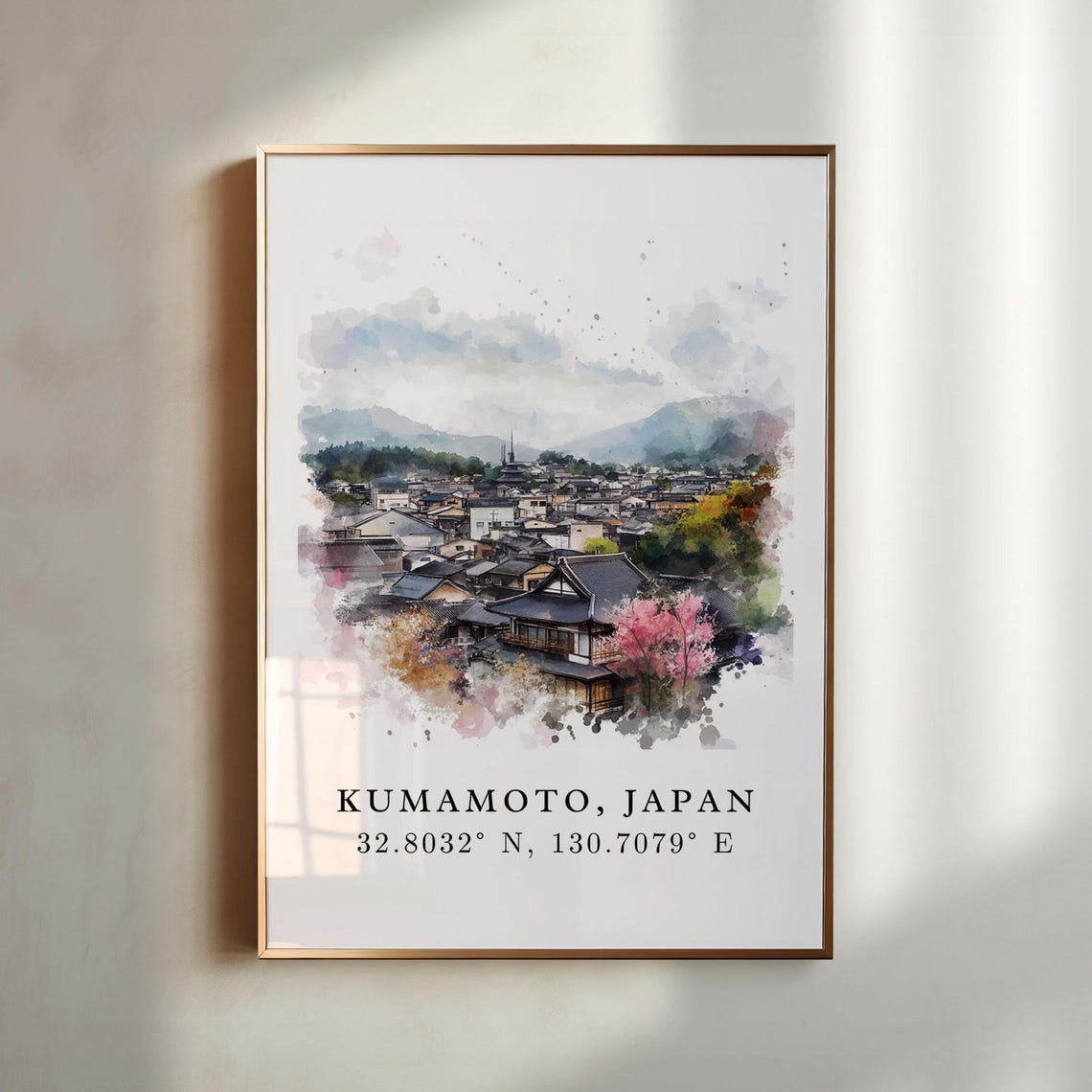 Kumamoto Japan Watercolor Art Castle Town Cherry Blossom Poster