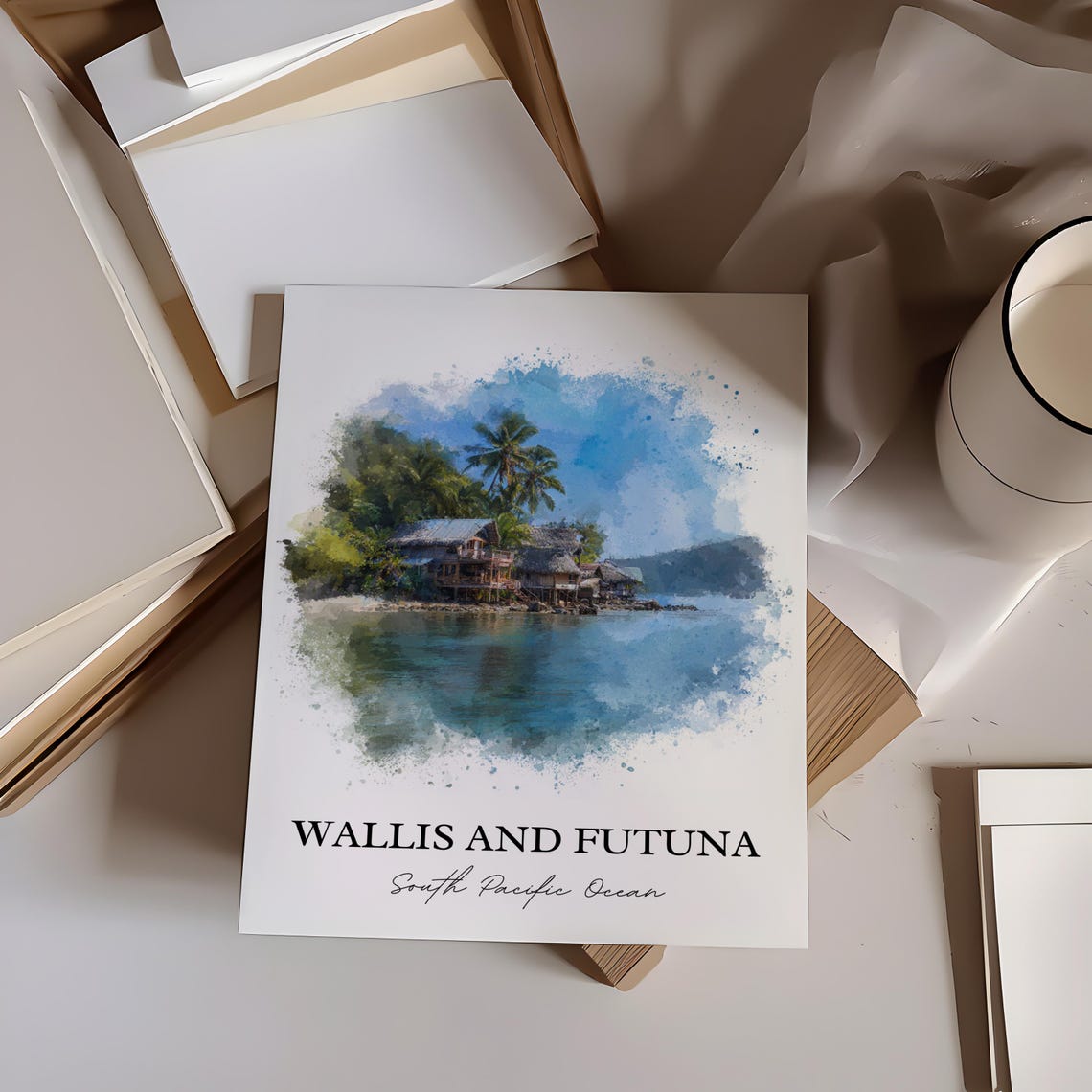 Wallis and Futuna South Pacific Seaside Village Watercolor Poster - Image 4