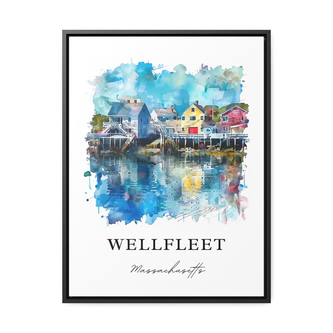 Wellfleet Massachusetts Watercolor Harbor Houses Scene Art Poster - Image 3