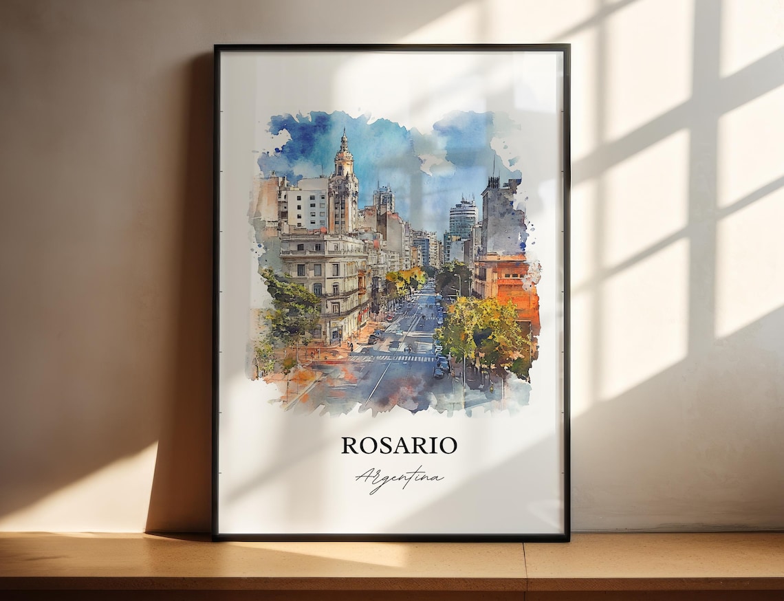 Rosario Argentina Watercolor City Street Clock Tower Avenue Poster