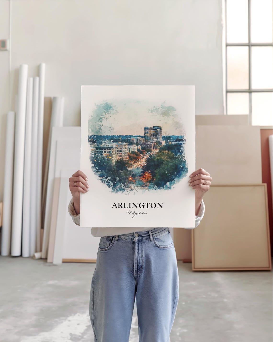 Arlington Virginia City Skyline Evening Lights Watercolor Poster - Image 5