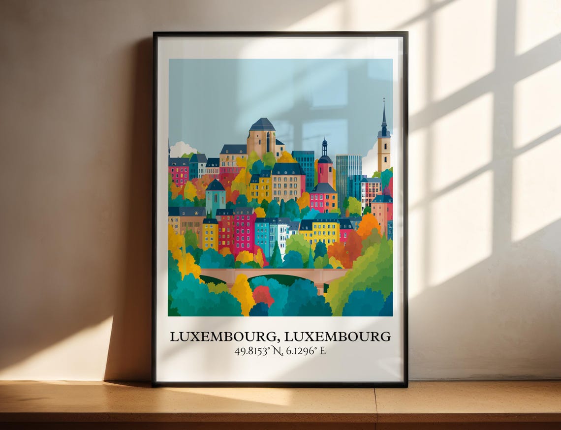 Luxembourg City Autumn Trees Historic Old Town Travel Poster