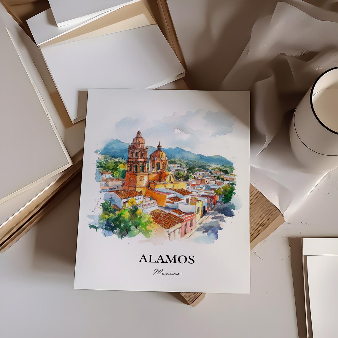 Alamos Mexico Old Town Church Towers Watercolor Travel Poster - Image 2
