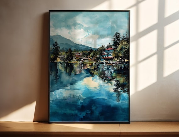 Lake Placid New York Lakeside Village Mountain Watercolor Travel Poster