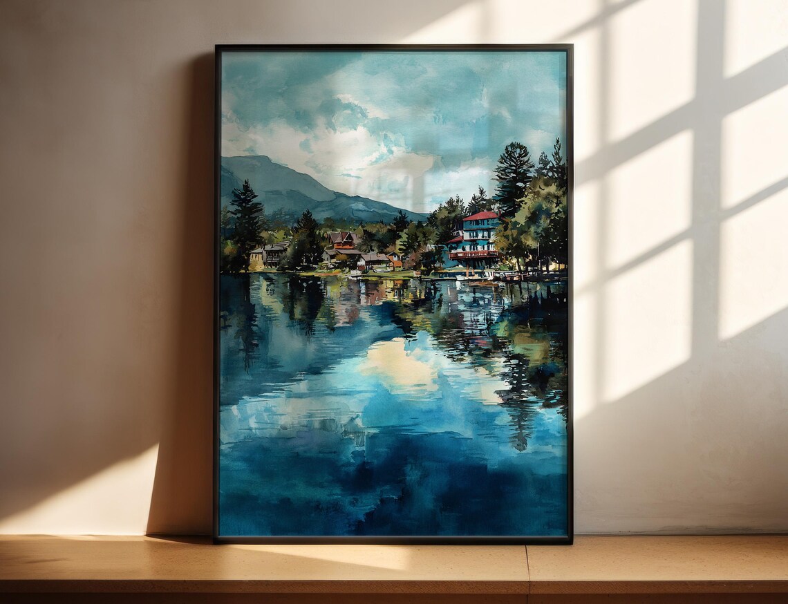 Lake Placid New York Lakeside Village Mountain Watercolor Travel Poster