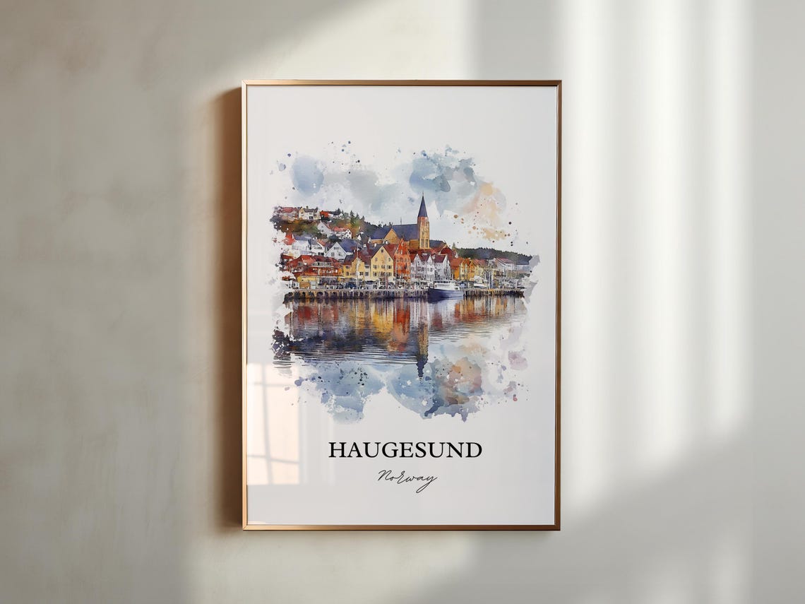 Haugesund Norway Watercolor Harbor Town Church View Travel Poster - Image 2