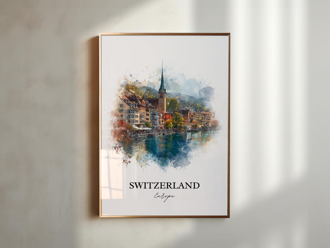Switzerland Europe Lakeside Church Tower Watercolor Travel Poster - Image 5