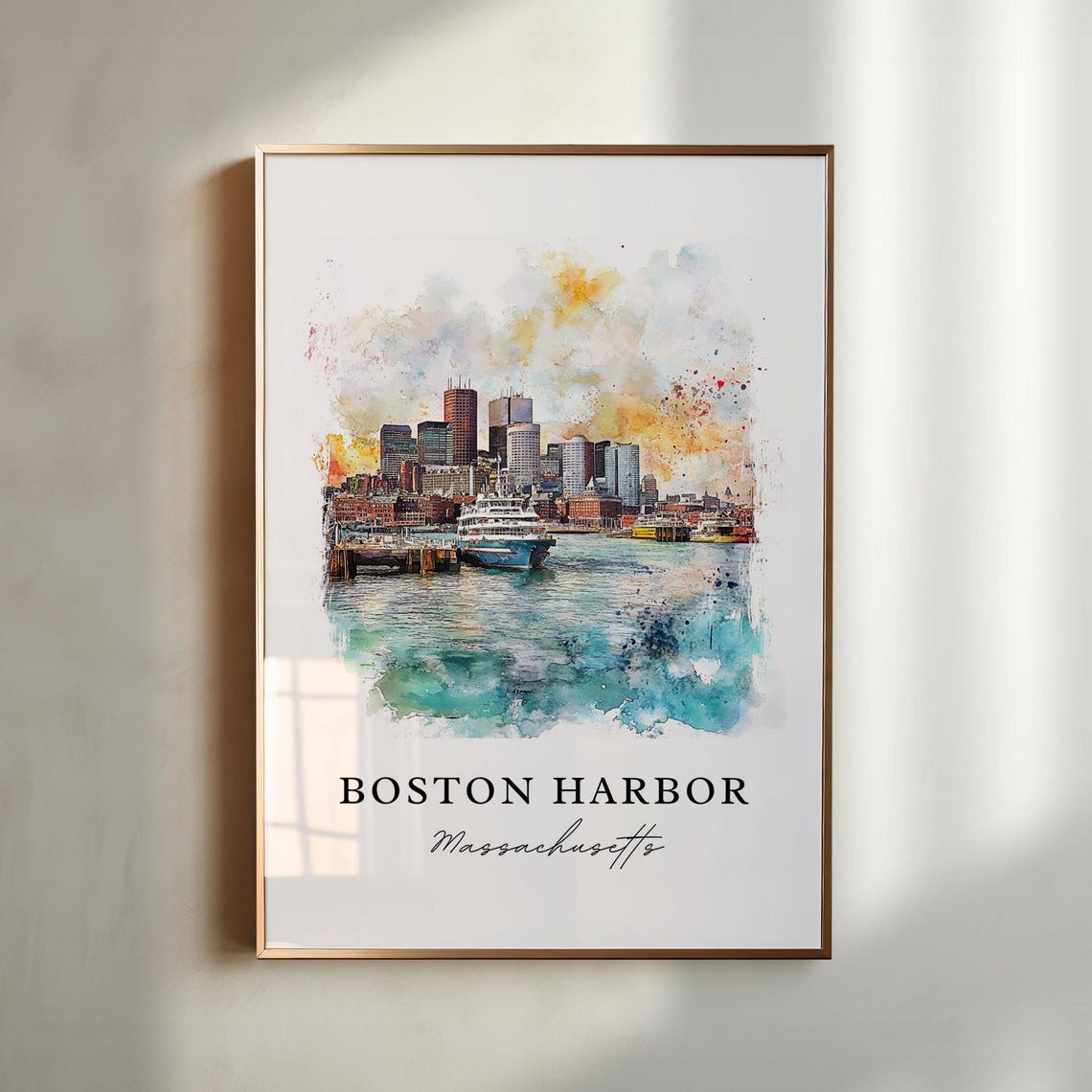 Boston Harbor Massachusetts Watercolor Skyline Ferry Scenic Art Print