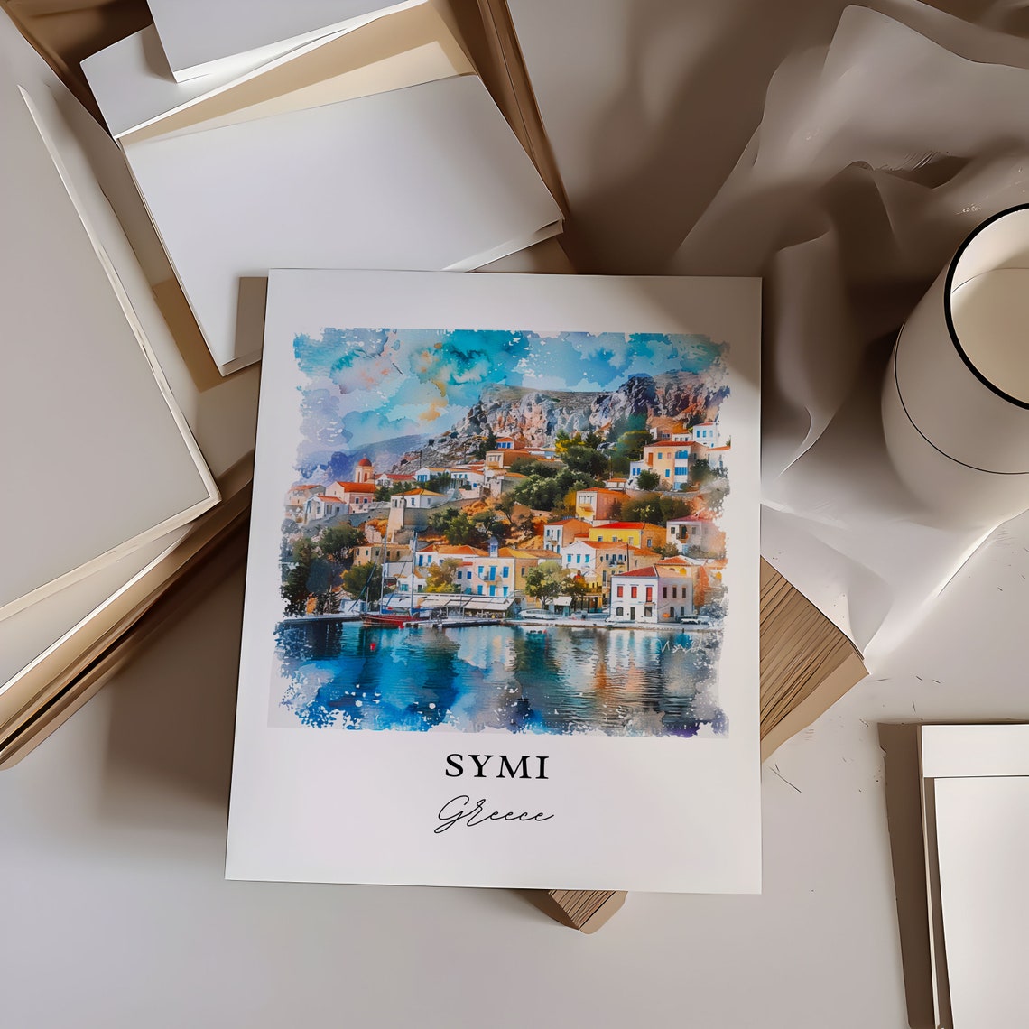 Symi Greece Dodecanese Harbor Island Watercolor Village Poster - Image 6