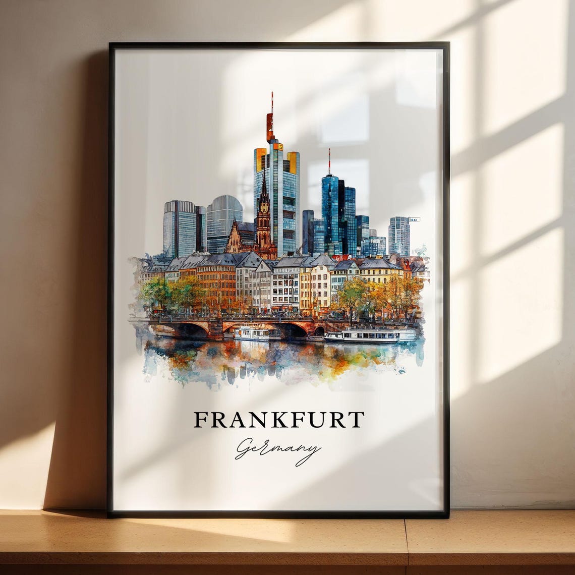 Frankfurt Germany Watercolor Modern Skyline River Scene Poster