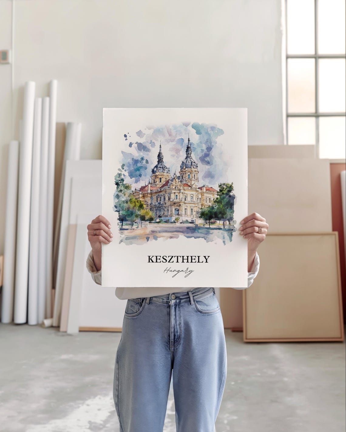 Keszthely Hungary Watercolor Ornate Twin Spired Landmark View Poster - Image 5