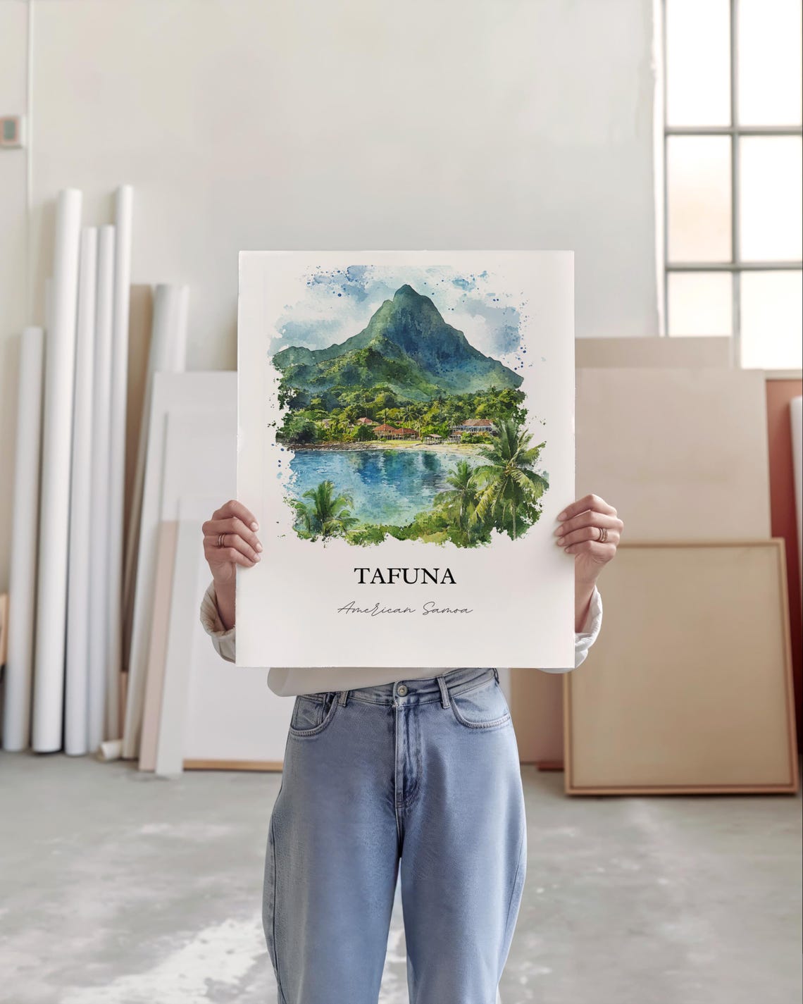 Tafuna American Samoa Village Lagoon Mountain Watercolor Poster - Image 3