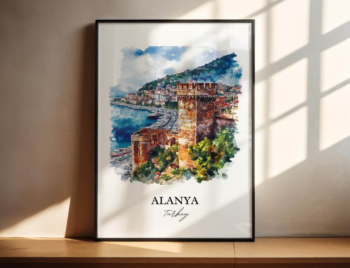 Alanya Turkey Watercolor Red Tower Castle Harbor Travel Poster