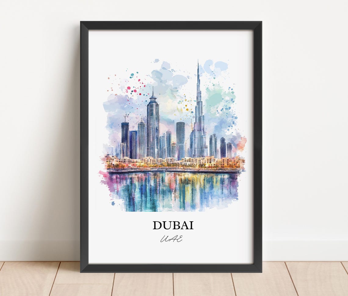 Dubai UAE Watercolor Modern Skyline Burj Khalifa Waterfront Poster - Image 3