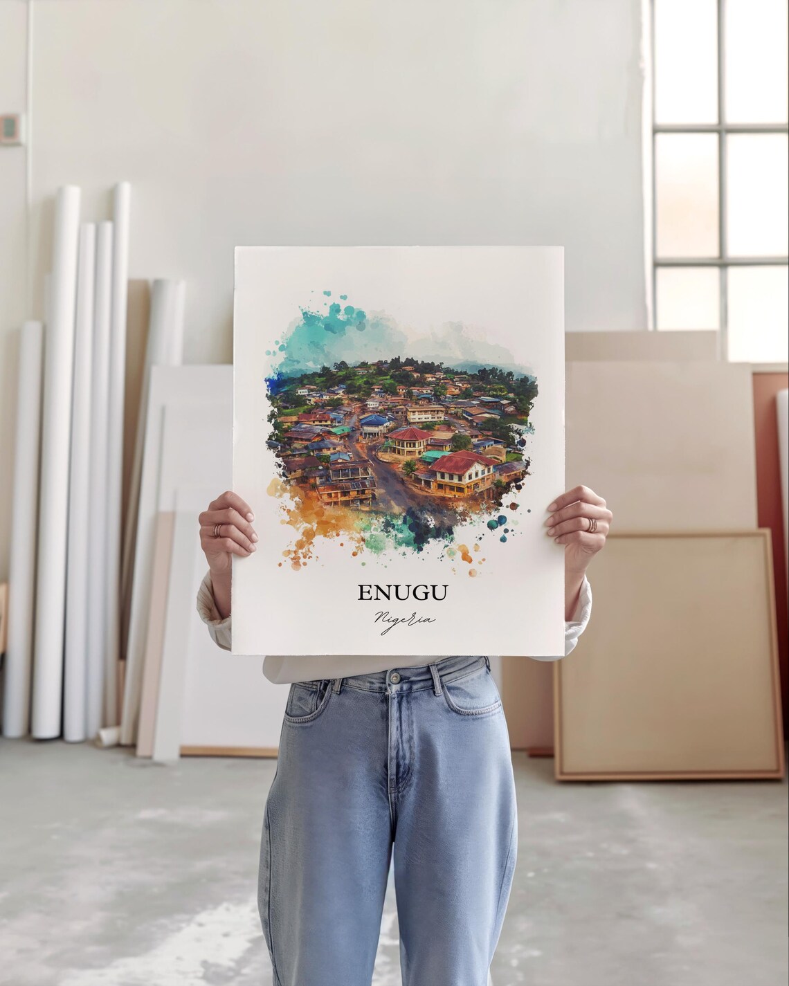 Enugu Nigeria African Watercolor Cityscape Hillside Art Poster - Image 3