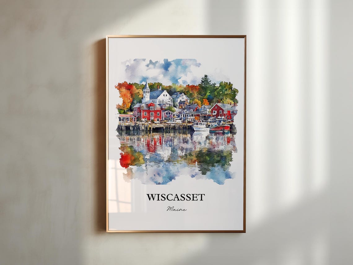 Wiscasset Maine Harbor Fishing Village Autumn Watercolor Travel Poster - Image 4