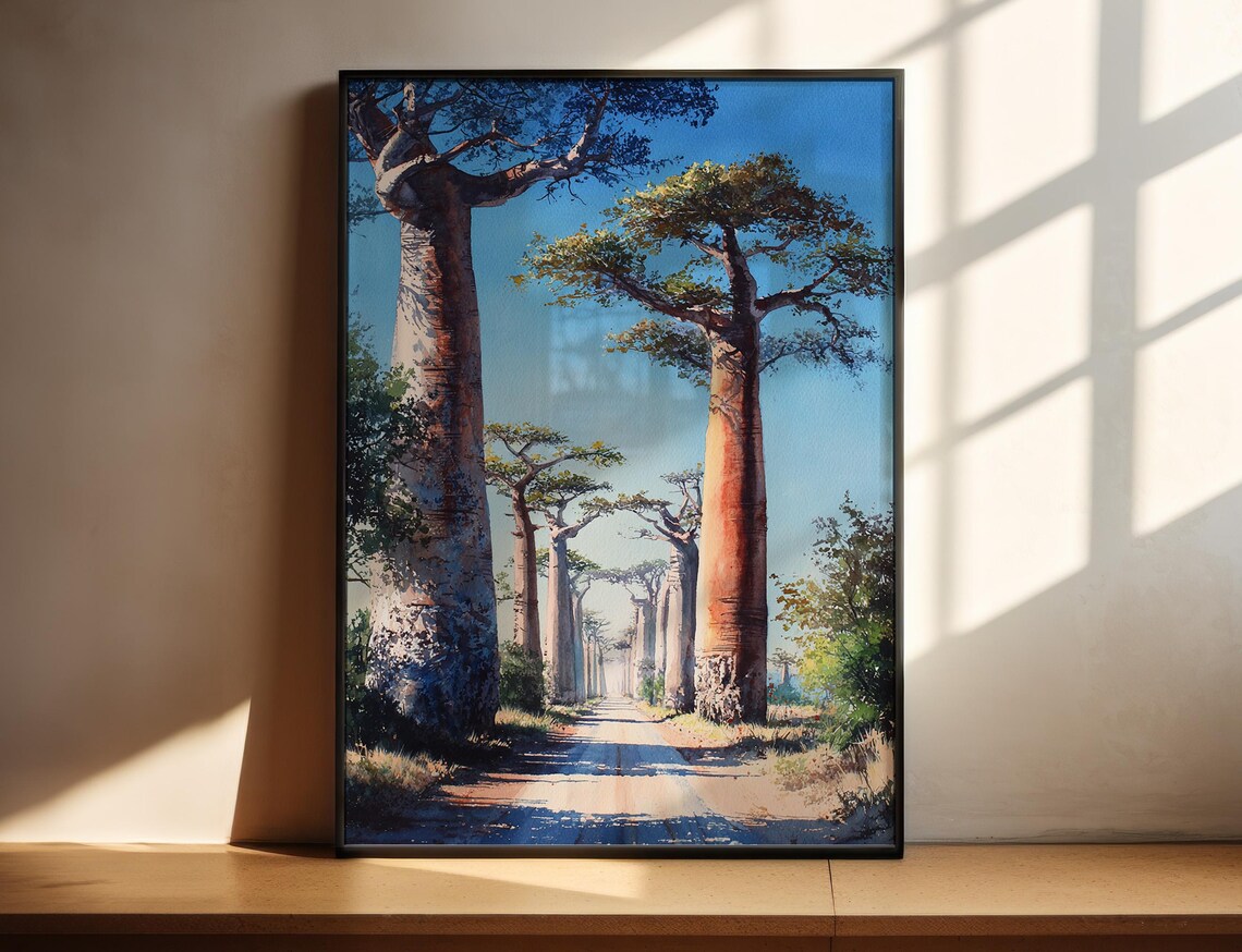 Avenue of the Baobabs Watercolor Towering Trees Madagascar Landscape Poster