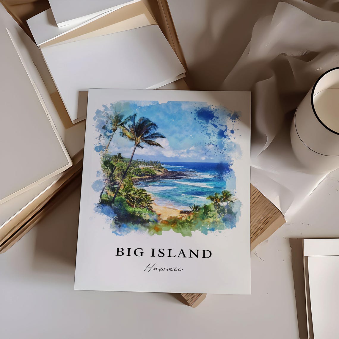 Big Island Hawaii Watercolor Palm Coast Surf Beach Scene Poster - Image 5