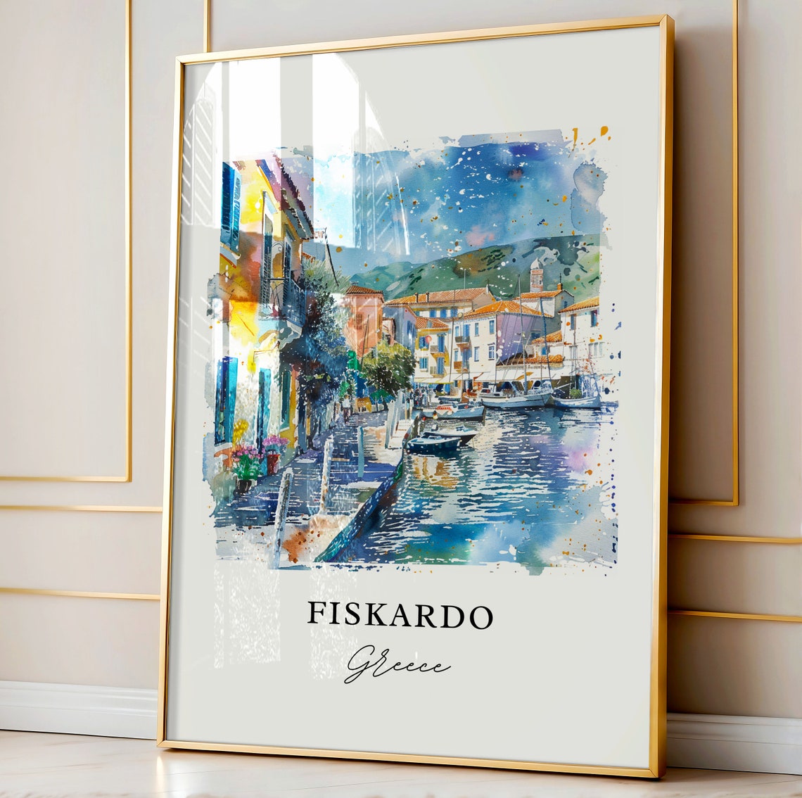 Fiskardo Greece Colorful Harbor Street Watercolor Travel Poster - Image 4