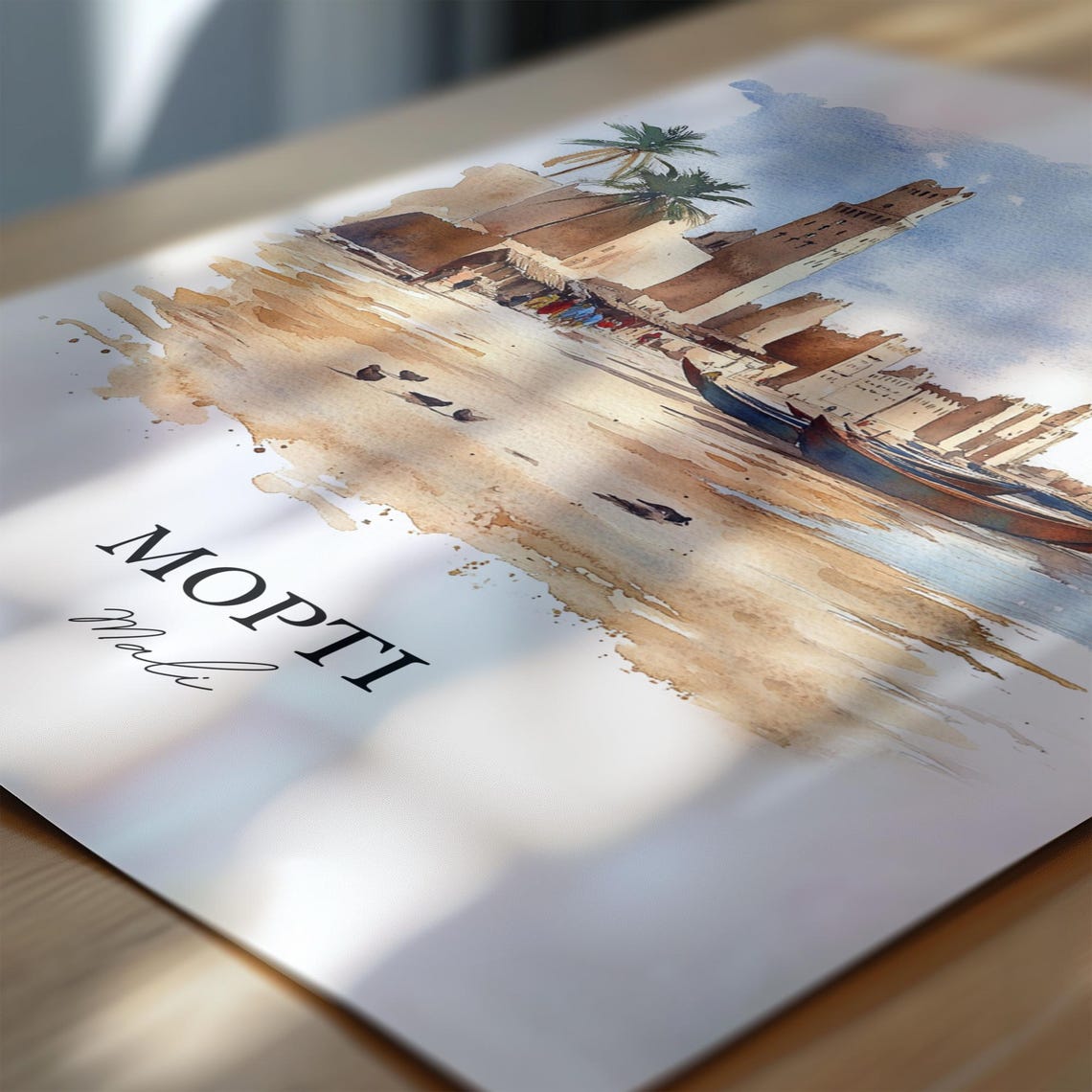 Mopti Mali Riverside Mosque Boats Watercolor Scene Art Poster - Image 7